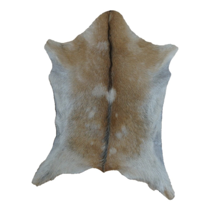 Tan and White goatskin rug, 3'1" x 2'3", shown on white background (GT-045)