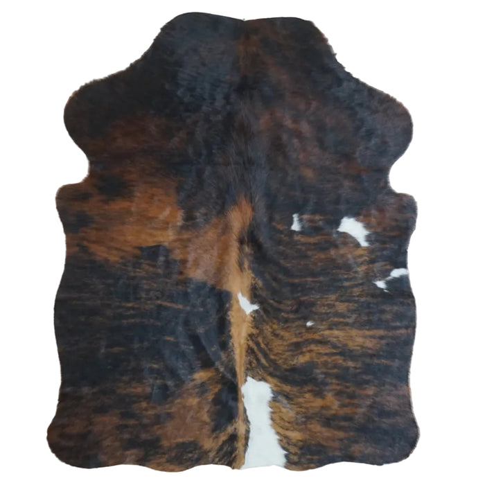 Tricolor cowhide rug, 4' x 3', shown on white background (SS-TRI-028)