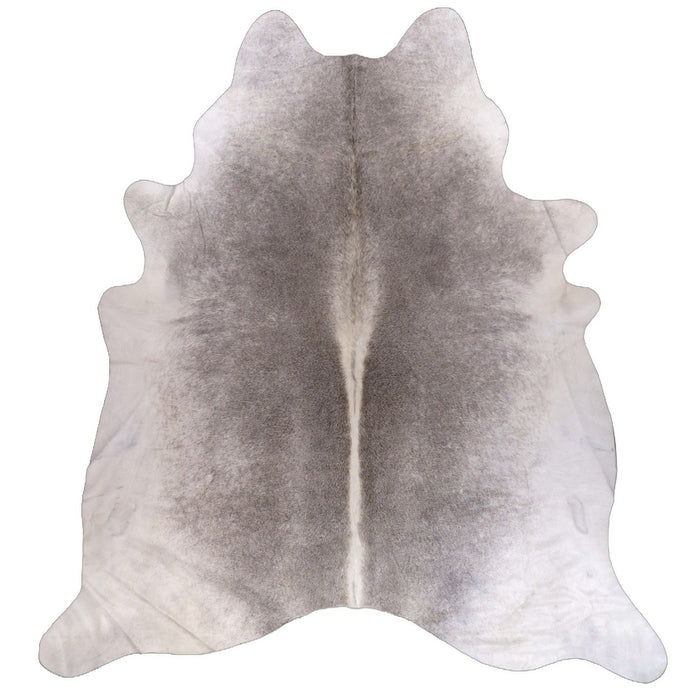 A natural grey cowhide rug shown from above on a white background.