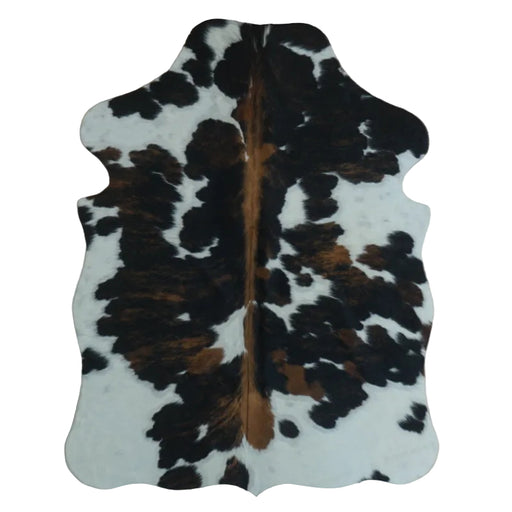 Tricolor cowhide rug, 4' x 3', shown on white background (SS-TRI-016)