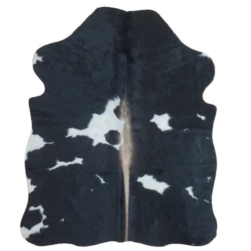Black and White cowhide rug, 4' x 3', shown on white background (SS-BW-060)