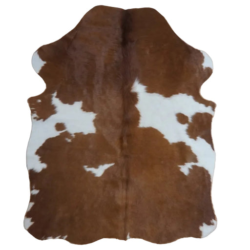 Brown and White cowhide rug, 4' x 3', shown on white background (SS-BRW-035)