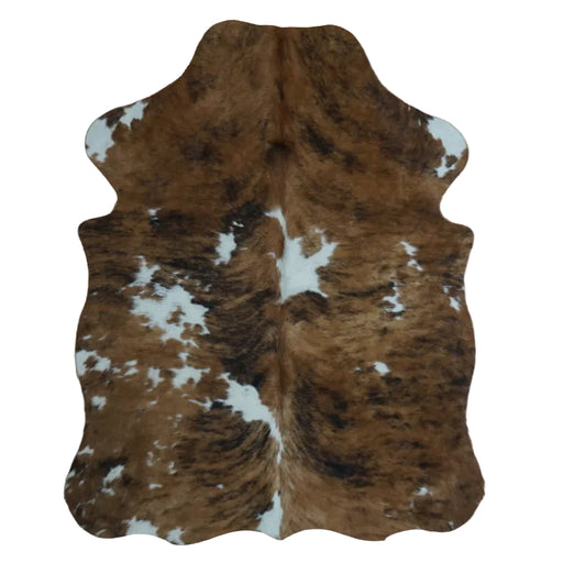 Tricolor cowhide rug, 4' x 3', shown on white background (SS-TRI-020)