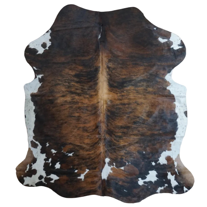 Tricolor cowhide rug, 6'9" x 6', shown on white background (CH-037)