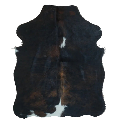 Tricolor cowhide rug, 4' x 3', shown on white background (SS-TRI-0161)