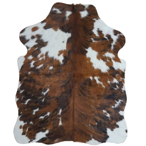 Tricolor cowhide rug, 4' x 3', shown on white background (SS-TRI-065)