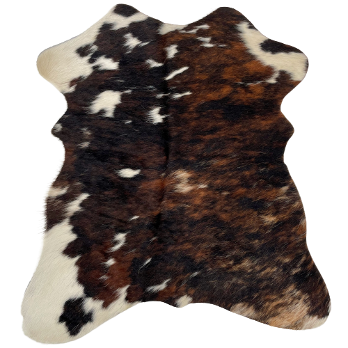 Tricolor Mini Cowhide:  has a brown and black, bridle pattern, with a few white spots, and off-white on three of the shanks-  2'8" x 2'3" (MINI214)