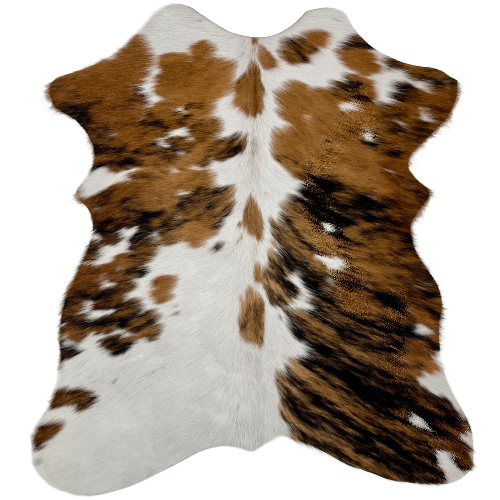 Tricolor Mini Cowhide:  white with spots that have a brown and black, brindle pattern - 2'8" x 2'3" (MINI215)