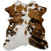 Tricolor Mini Cowhide:  white with spots that have a brown and black, brindle pattern - 2'8" x 2'3" (MINI215)