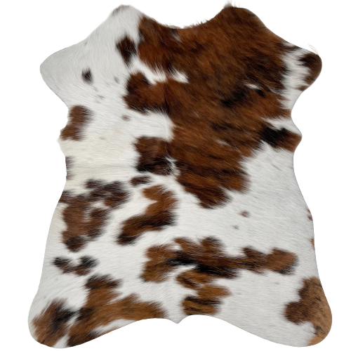 Tricolor Mini Cowhide:  white with spots that have a brown and black, brindle pattern - 2'8" x 2'3" (MINI216)