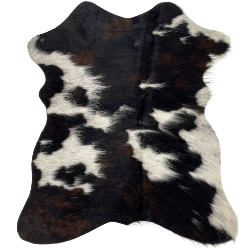 Dark Tricolor Mini Cowhide:  has a mix of black and dark brown, and spots that have fine, black speckles - 2'8" x 2'3" (MINI217)