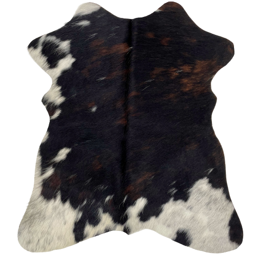 Dark Tricolor Mii Cowhide:  has a mix of black and reddish brown, with a few small, white speckles, and spots that have fine, black speckles  - 2'8" x 2'3" (MINI219)