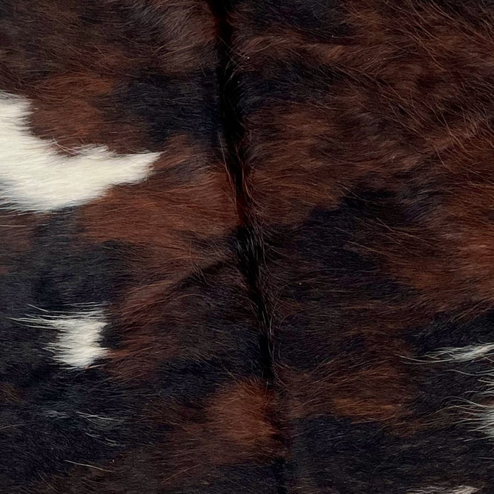 Closeup of this Tricolor Mini Cowhide, showing has a mix of reddish brown and black, with a few white spots (MINI227)