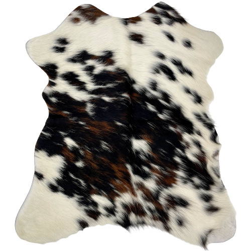 Tricolor Mini Cowhide:  white with spots that are a mix of black and brown, and other smaller spots that are black - 2'8" x 2'3" (MINI228)