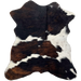 Tricolor Mini Cowhide:  has a black and brown, brindle pattern, with two thin, white strips across the hide, and a spot of white with black speckles on the right side and right, hind shank - 2'8" x 2'3" (MINI239)
