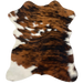 Tricolor Mini Cowhide:  has a brown and black, brindle pattern, with a few small, white spots in the middle and along the side edges, and white on the left hind shank - 2'8" x 2'3" (MINI240)