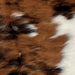 Closeup of this Tricolor Mini Cowhide, showing a brown and black, brindle pattern, and white spots along the right side edge (MINI249)