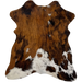 Tricolor Mini Cowhide:  has a mix of brown and black, with a few small, white spots on the back and shoulder, and white with black speckles and brown and black spots along the lower edge - 2'8" x 2'3" (MINI256)