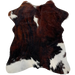 Tricolor Mini Cowhide:  has a mix of black and reddish brown, with a small, white spot in the middle of the shoulder and another on the left fore shanks, and it has white on both of the hind shanks - 2'8" x 2'3" (MINI258)