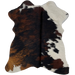 Tricolor Mini Cowhide:  has a black and brown, brindle pattern, with white on the right part of the neck and the right fore shank, on part of the right side of the belly, and on part of both hind shanks - 2'8" x 2'3" (MINI259)