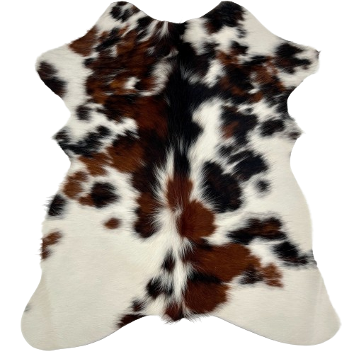 Tricolor Mini Cowhide:  white with reddish brown and black spots - 2'8" x 2'3" (MINI270)