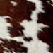 Closeup of this Mini Cowhide, showing off-white with medium brown and dark brown spots (MINI272)