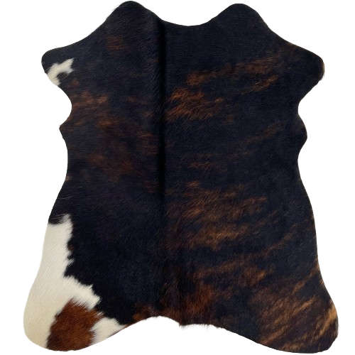 Black and Brown Brindle Mini Cowhide:  has a black and brown, brindle pattern, with a white spot on both left shanks - 2'8" x 2'3" (MINI276)