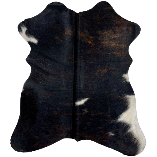 Black and Brown Dark Brindle Mini Cowhide:  black with brown, brindle markings, and it has a white spot on the lower part of the back, and a white spot along the edge of the right hind shank and the left fore shank - 2'8" x 2'3" (MINI278)