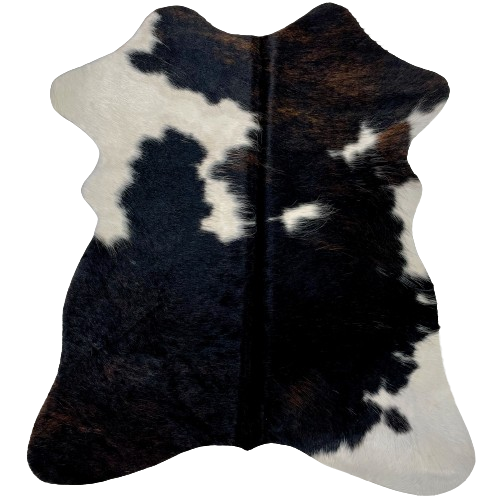 Tricolor Mini Cowhide:  has a mix of black and dark brown, with a few small and large, white spots - 2'8" x 2'3" (MINI285)