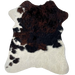Tricolor Mini Cowhide:  has curly hair that has a mix of black and dark brown, and it has white on the left fore shank and across the bottom part of the hide - 2'8" x 2'3" (MINI291)
