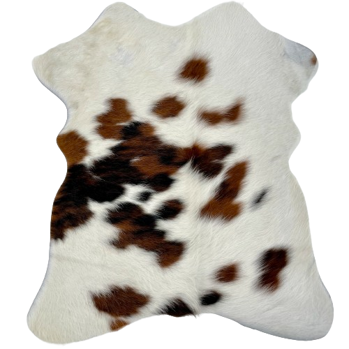 Tricolor Mini Cowhide:  off-white with reddish brown and dark brown spots - 2'8" x 2'3" (MINI294)