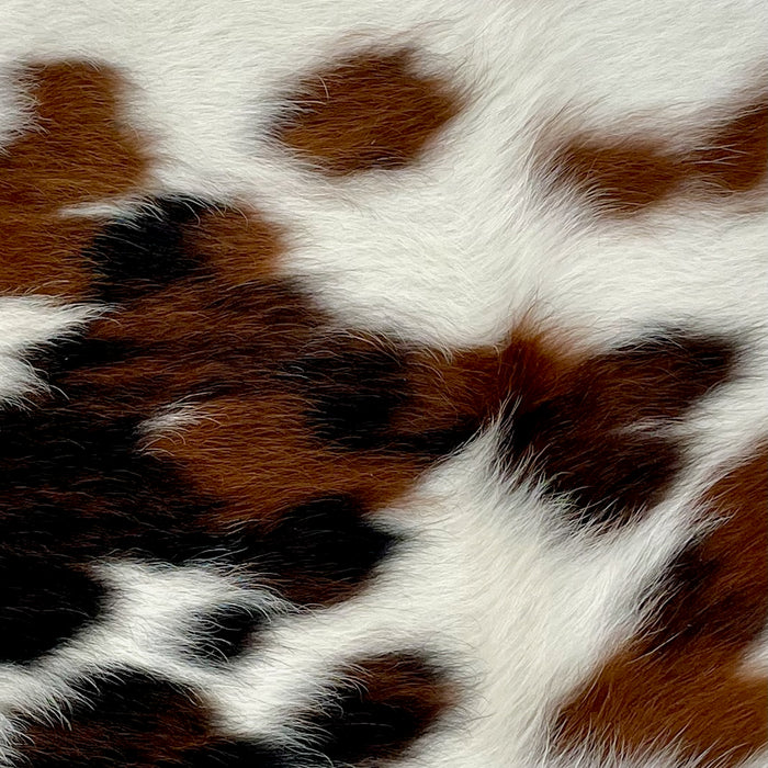 Closeup of this Tricolor Mini Cowhide, showing off-white with reddish brown and dark brown spots (MINI294)