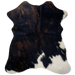 Dark Tricolor Mini Cowhide:  has a mix of black and brown, and white on the edge of the right fore shank and left hind shank, and white on the right hind shank and part of the belly - 2'8" x 2'3" (MINI295)