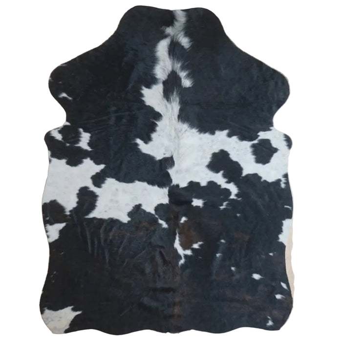 Tricolor cowhide rug, 4' x 3', shown on white background (SS-TRI-041)
