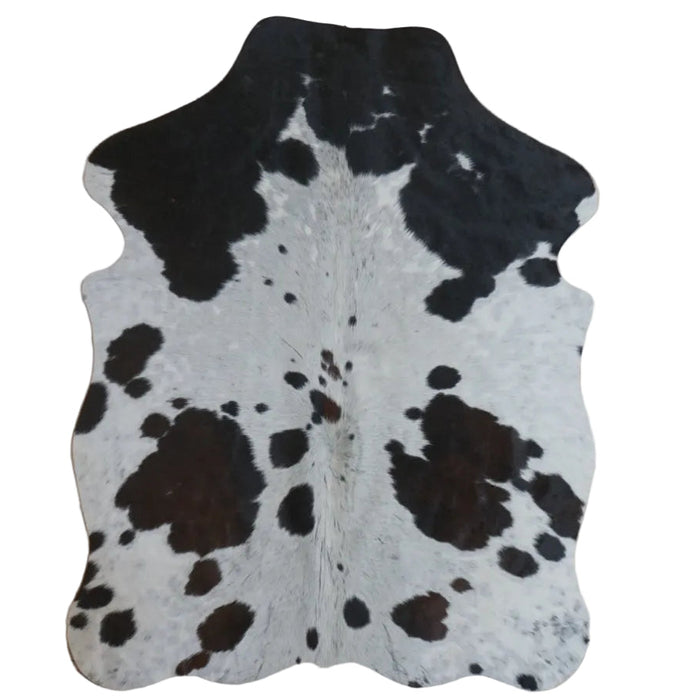 Tricolor cowhide rug, 4' x 3', shown on white background (SS-TRI-037)