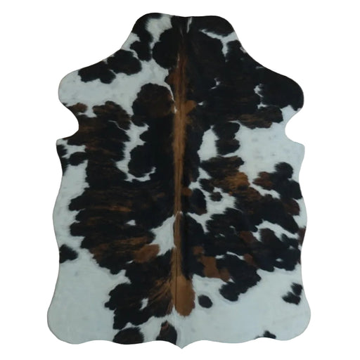 Tricolor cowhide rug, 4' x 3', shown on white background (SS-TRI-017)
