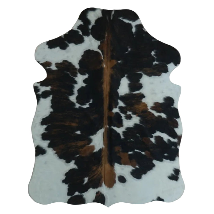 Tricolor cowhide rug, 4' x 3', shown on white background (SS-TRI-017)