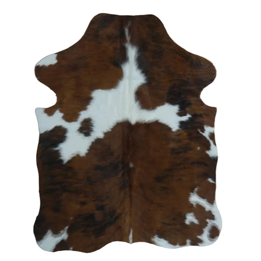 Tricolor cowhide rug, 4' x 3', shown on white background (SS-TRI-026)
