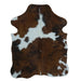 Tricolor cowhide rug, 4' x 3', shown on white background (SS-TRI-026)