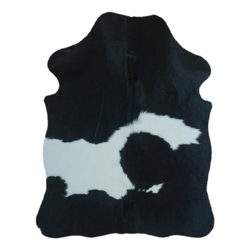 Black and White cowhide rug, 4' x 3', shown on white background (SS-BW-019)
