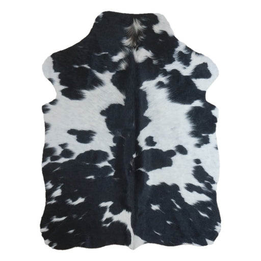 Black and White cowhide rug, 4' x 3', shown on white background (SS-BW-039)