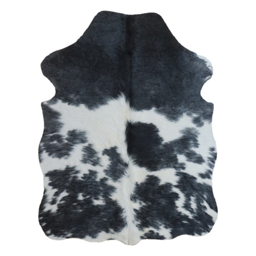 Black and White cowhide rug, 4' x 3', shown on white background (SS-BW-047)