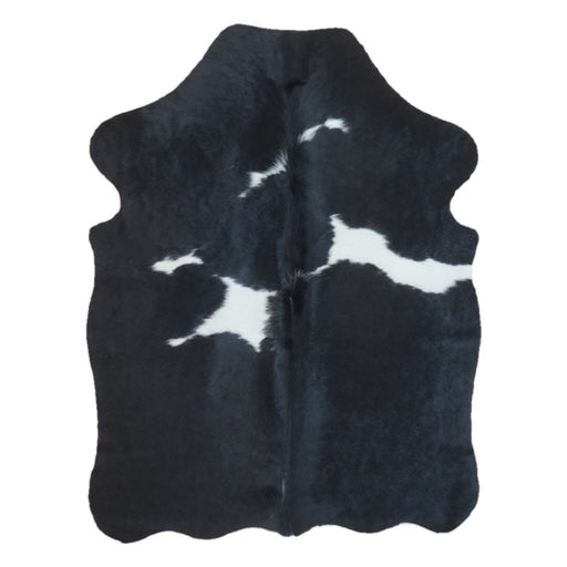 Black and White cowhide rug, 4' x 3', shown on white background (SS-BW-056)
