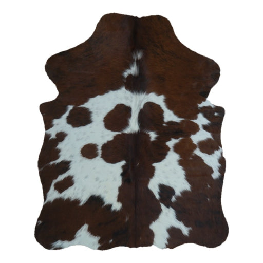 Tricolor cowhide rug, 4' x 3', shown on white background (SS-TRI-021)