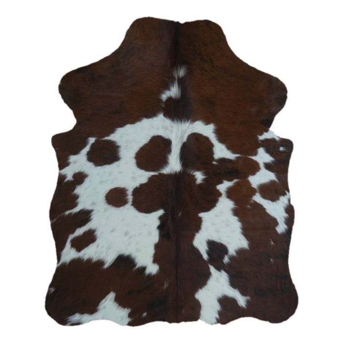 Tricolor cowhide rug, 4' x 3', shown on white background (SS-TRI-021)