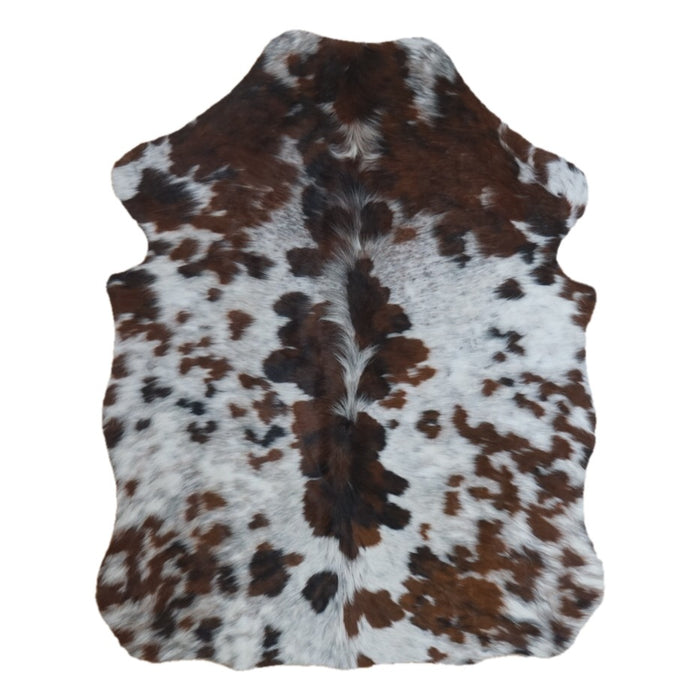 Tricolor cowhide rug, 4' x 3', shown on white background (SS-TRI-027)