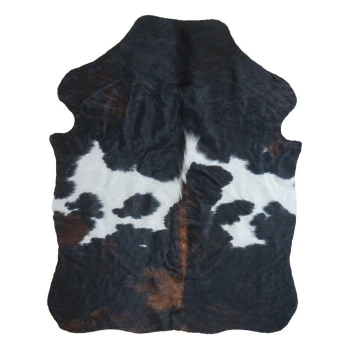 Tricolor cowhide rug, 4' x 3', shown on white background (SS-TRI-030)