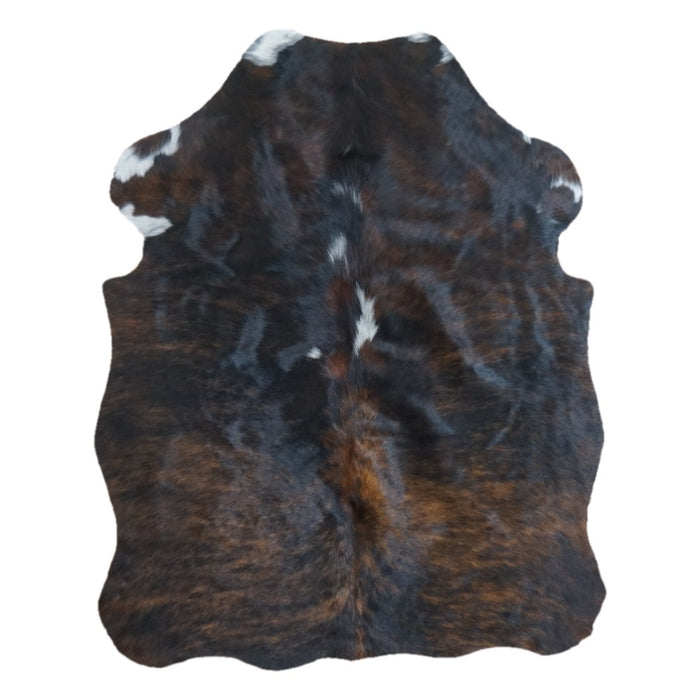 Tricolor cowhide rug, 4' x 3', shown on white background (SS-TRI-032)