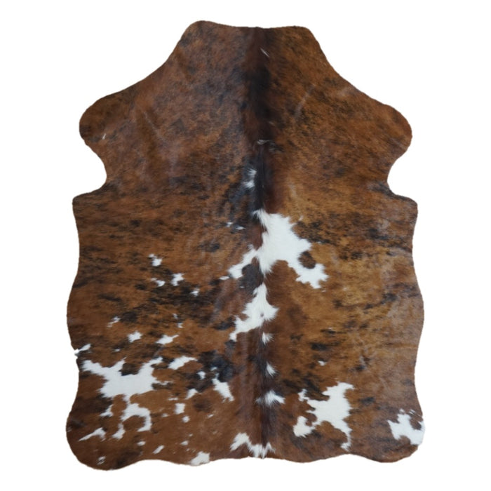 Tricolor cowhide rug, 4' x 3', shown on white background (SS-TRI-040)