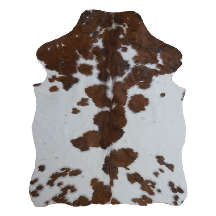 Tricolor cowhide rug, 4' x 3', shown on white background (SS-TRI-042)